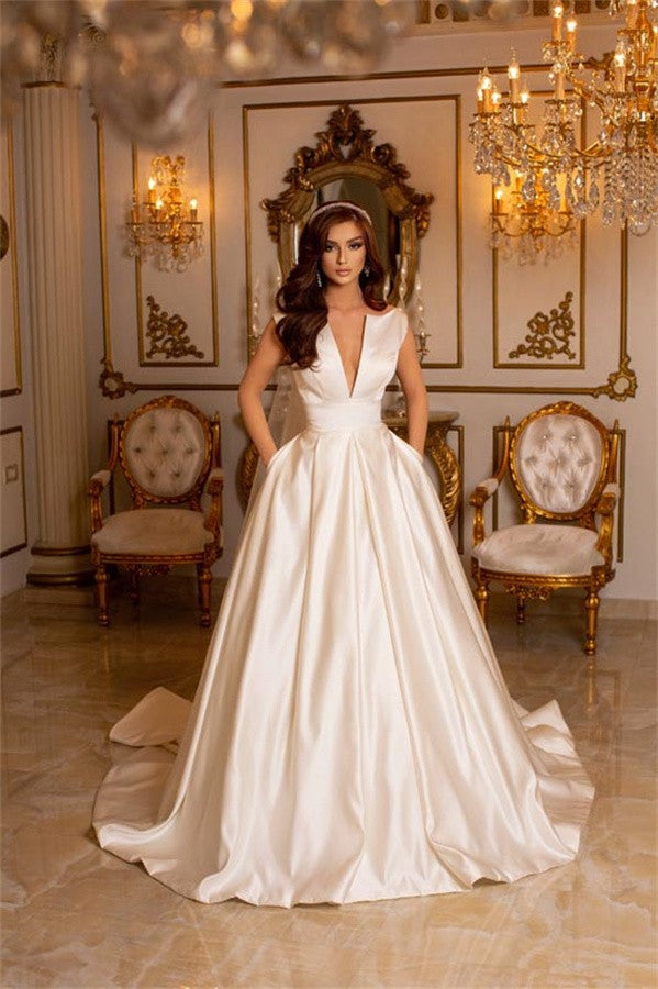 Satin Wedding Dress V-Neck Long With Pockets