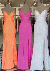 Sequined Prom Dress/Evening Dress with Split: Sheath/Column V-Neck Sleeveless Long/Floor-Length