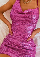 Sequined Short/Mini Homecoming Dress with Cowl Neck Sheath and Pleated Sleeves