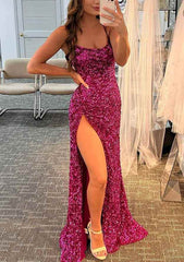 Sequins Velvet Long Prom Dress/Evening Dress with Split - Sheath/Column Bateau Spaghetti Straps