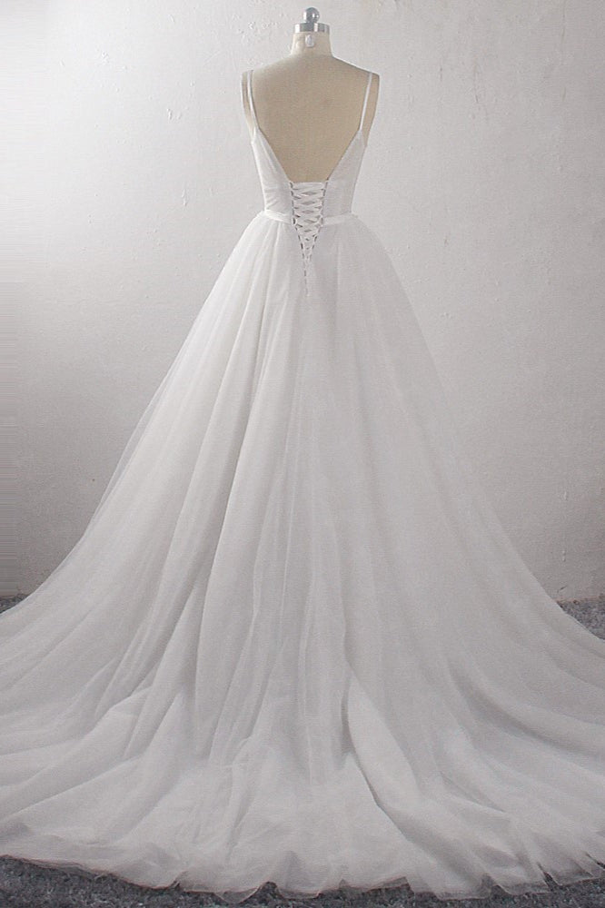 Sexy A-Line Spaghetti Straps Tulle Wedding Dress Deep-V-Neck Appliques Sleeveless Bridal Gowns Online