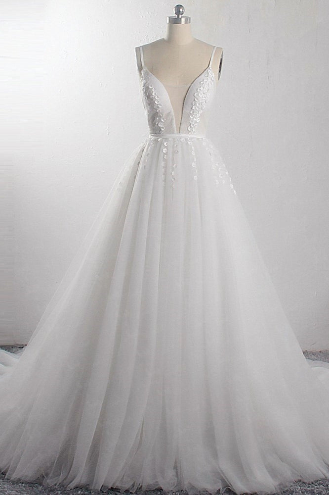 Sexy A-Line Spaghetti Straps Tulle Wedding Dress Deep-V-Neck Appliques Sleeveless Bridal Gowns Online