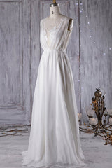 Sexy A-line V-Neck Chiffon Wedding Dress Sleeveless Lace Appliques Bridal Gowns On Sale