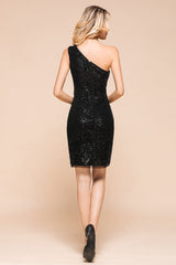 Sexy Black Sequins Short Prom Dress One Shoulder Homecoming Dress