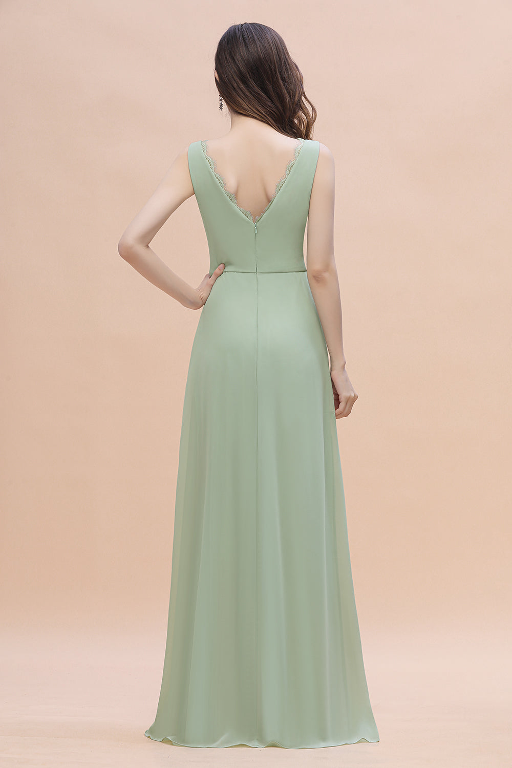 Sexy Chiffon Ruffles Dusty Sage Bridesmaid Dress with Lace Edge On Sale