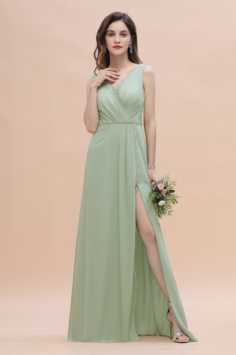 Sexy Chiffon Ruffles Dusty Sage Bridesmaid Dress with Lace Edge On Sale