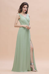 Sexy Chiffon Ruffles Dusty Sage Bridesmaid Dress with Lace Edge On Sale