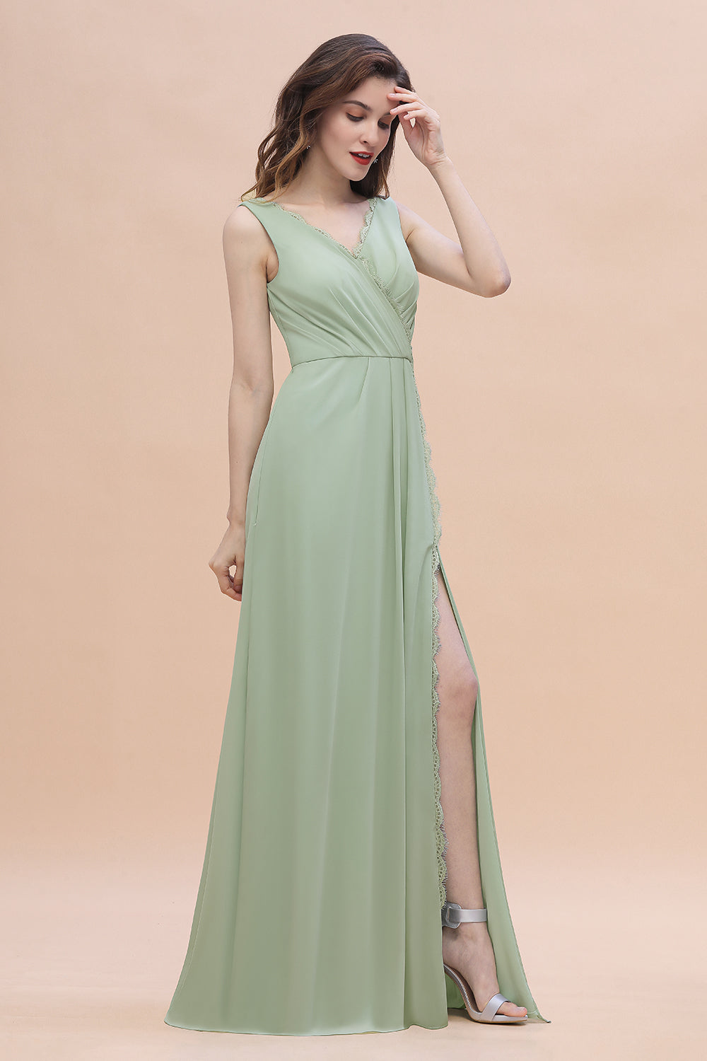 Sexy Chiffon Ruffles Dusty Sage Bridesmaid Dress with Lace Edge On Sale