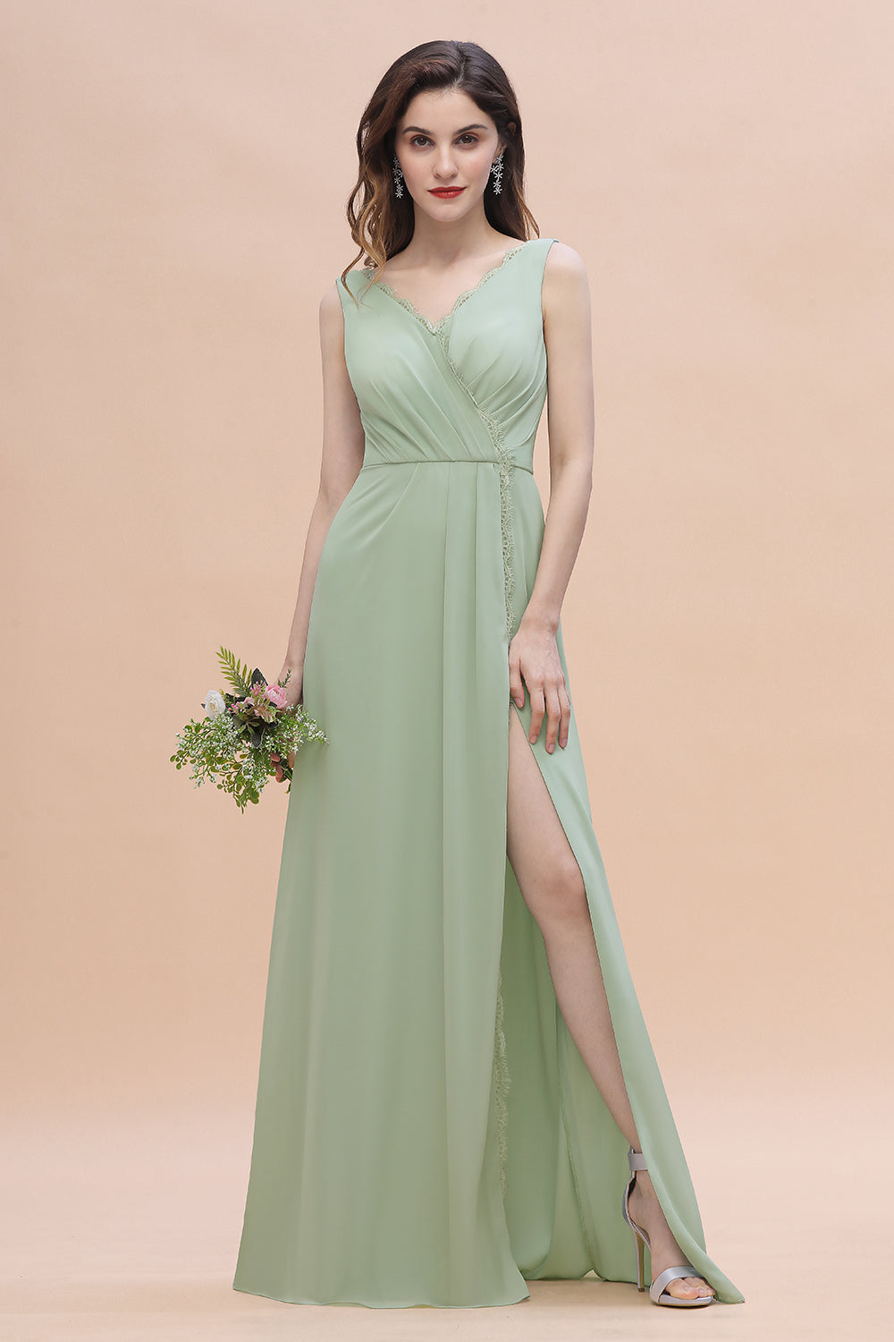 Sexy Chiffon Ruffles Dusty Sage Bridesmaid Dress with Lace Edge On Sale