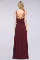 Sexy Chiffon V-Neck Burgundy Chiffon Bridesmaid Dresses with Spaghetti Straps