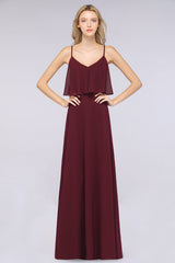 Sexy Chiffon V-Neck Burgundy Chiffon Bridesmaid Dresses with Spaghetti Straps