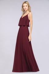 Sexy Chiffon V-Neck Burgundy Chiffon Bridesmaid Dresses with Spaghetti Straps