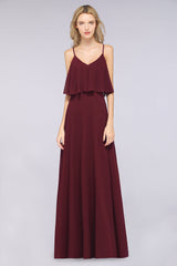 Sexy Chiffon V-Neck Burgundy Chiffon Bridesmaid Dresses with Spaghetti Straps