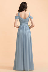 Sexy Cold-Shoulder Dusty Blue Chiffon Bridesmaid Dress with Slit On Sale