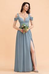 Sexy Cold-Shoulder Dusty Blue Chiffon Bridesmaid Dress with Slit On Sale