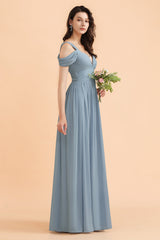 Sexy Cold-Shoulder Dusty Blue Chiffon Bridesmaid Dress with Slit On Sale