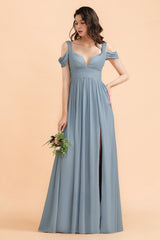 Sexy Cold-Shoulder Dusty Blue Chiffon Bridesmaid Dress with Slit On Sale