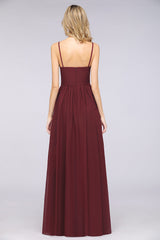 Sexy Deep-V-Neck Appliques Burgundy Chiffon Bridesmaid Dress with Slit