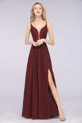 Sexy Deep-V-Neck Appliques Burgundy Chiffon Bridesmaid Dress with Slit