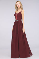 Sexy Deep-V-Neck Appliques Burgundy Chiffon Bridesmaid Dress with Slit