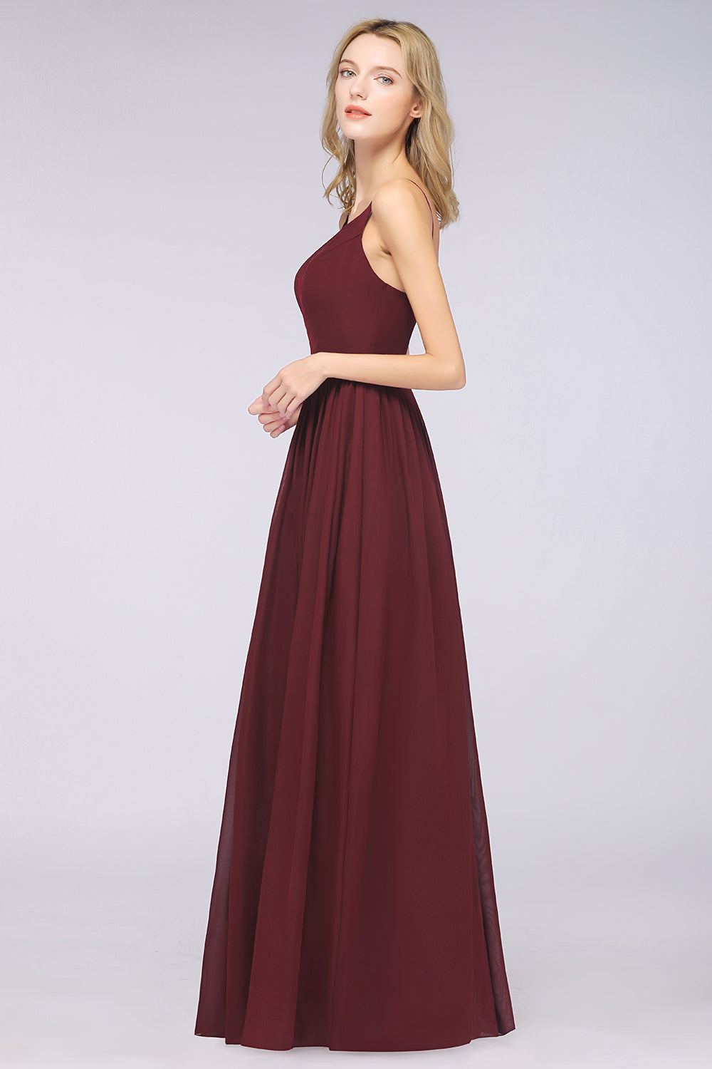 Sexy Deep-V-Neck Appliques Burgundy Chiffon Bridesmaid Dress with Slit