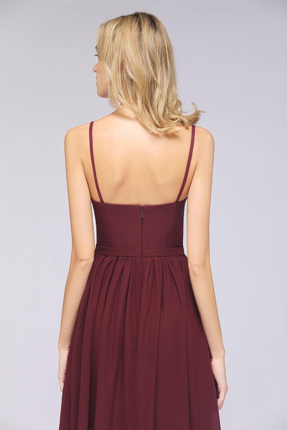 Sexy Deep-V-Neck Appliques Burgundy Chiffon Bridesmaid Dress with Slit