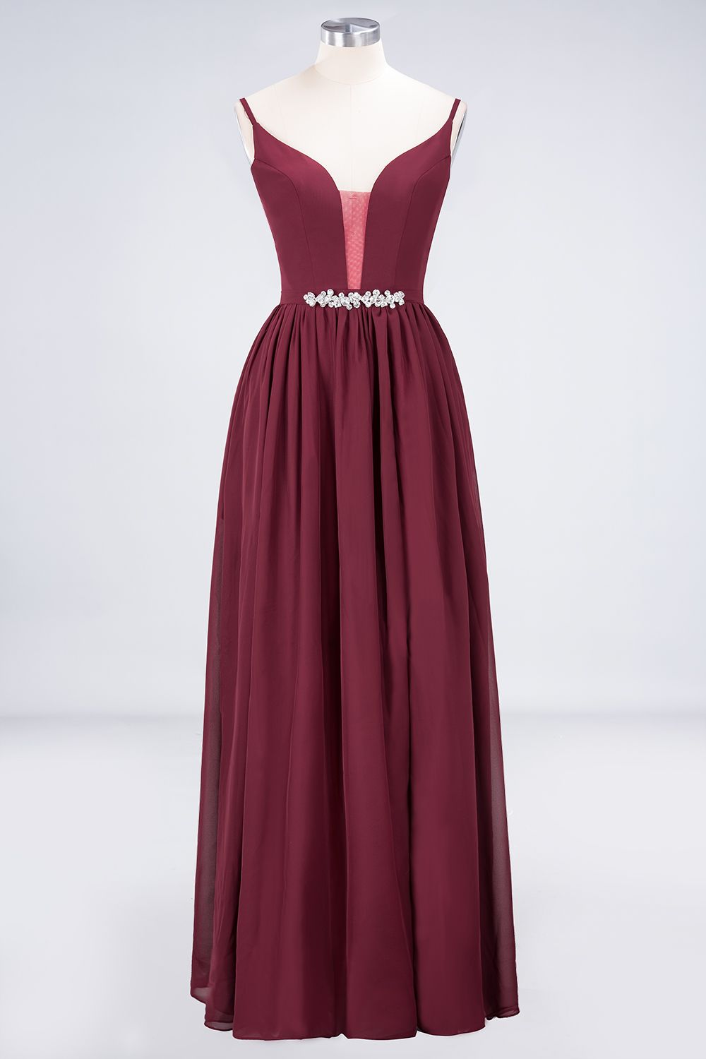 Sexy Deep-V-Neck Appliques Burgundy Chiffon Bridesmaid Dress with Slit