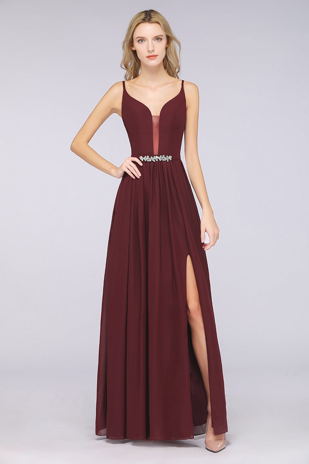 Sexy Deep-V-Neck Appliques Burgundy Chiffon Bridesmaid Dress with Slit