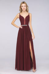 Sexy Deep-V-Neck Appliques Burgundy Chiffon Bridesmaid Dress with Slit