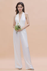 Sexy Deep-V-Neck Halter Backless Charmeuse Bridesmaid Jumpsuit Online