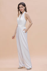 Sexy Deep-V-Neck Halter Backless Charmeuse Bridesmaid Jumpsuit Online