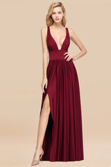 Sexy Deep V-Neck Sleeveless Bridesmaid Dress Burgundy Chiffon Wedding Party Dress