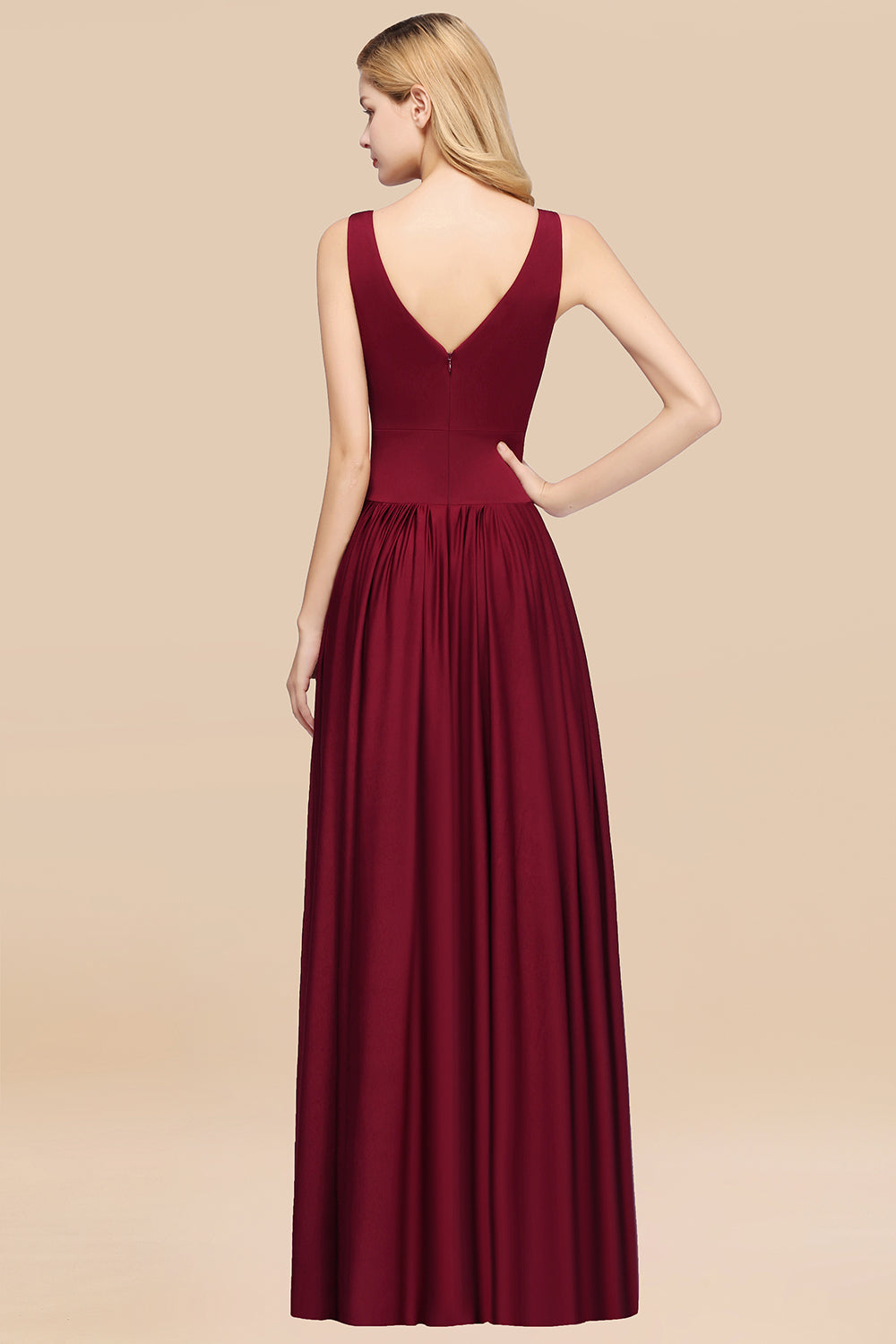 Sexy Deep V-Neck Sleeveless Bridesmaid Dress Burgundy Chiffon Wedding Party Dress