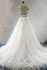 Sexy Deep-V-Neck Sleeveless Tulle Wedding Dress Ruffles Appliques Beadings Bridal Gowns with Sash On Sale