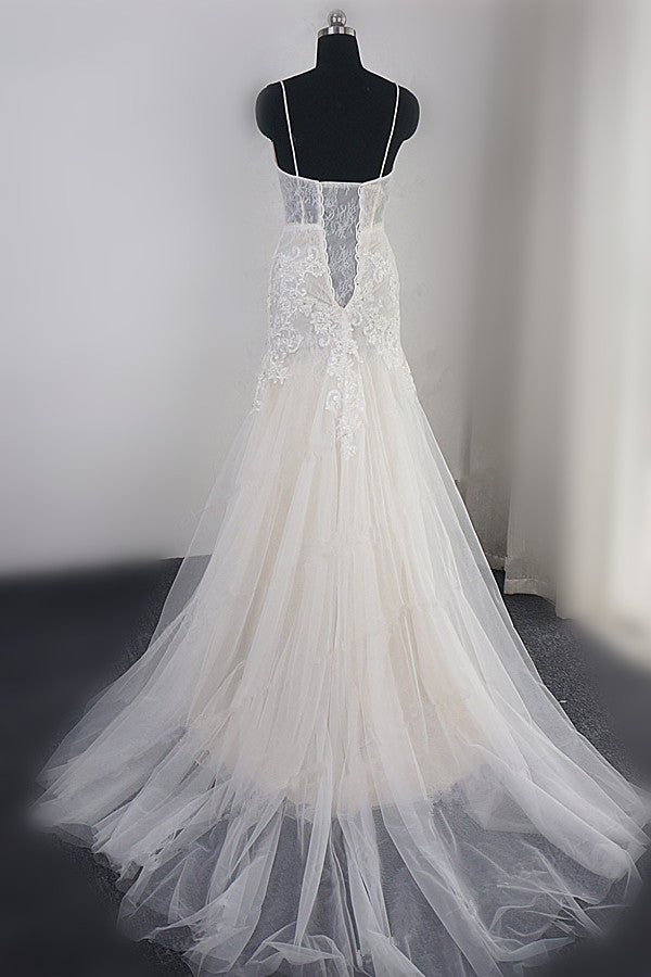 Sexy Deep-V-Neck Tulle Mermaid Wedding Dress Lace Appliques Spaghetti Straps Beadings Bridal Gowns Online