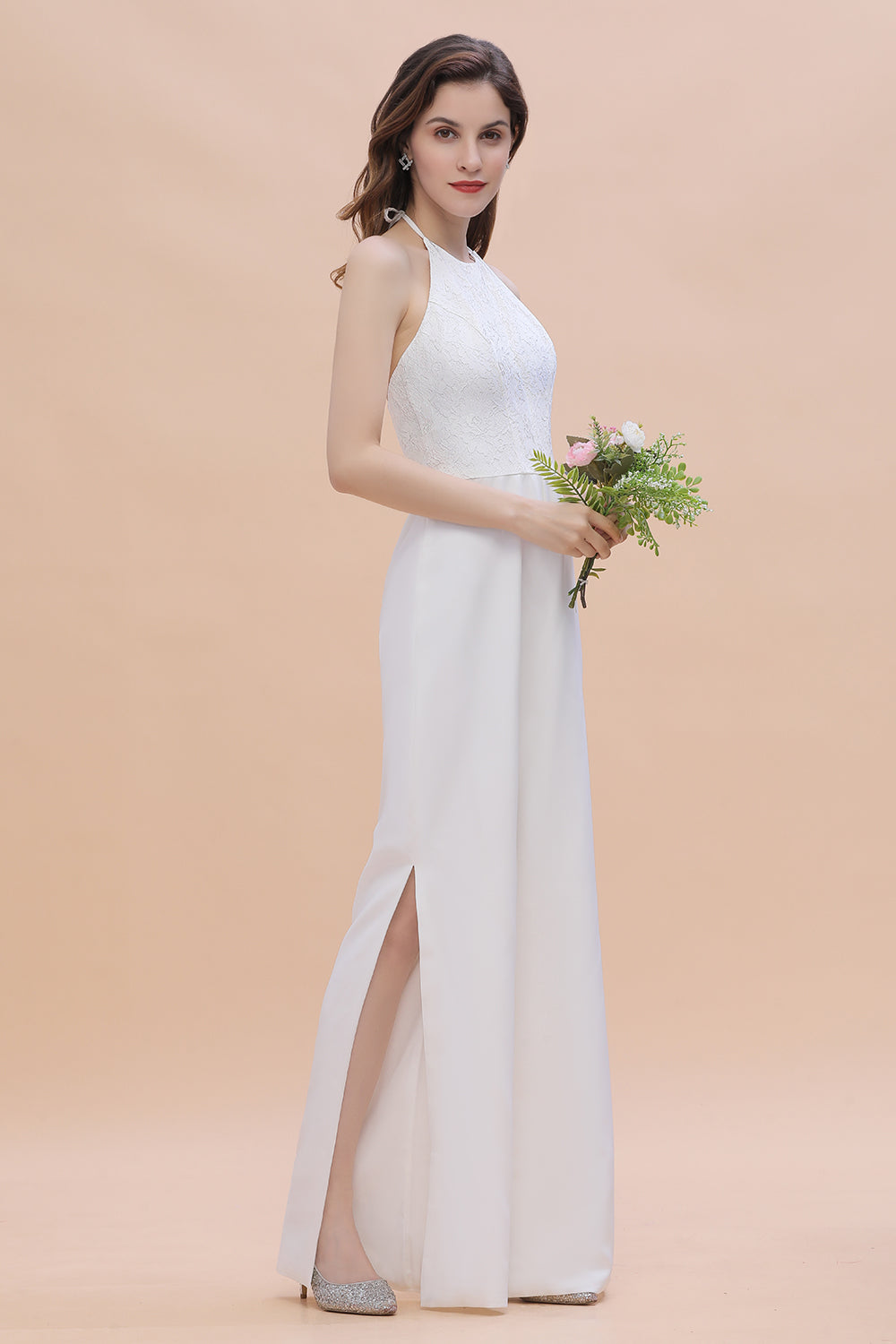 Sexy Halter Backless Lace Bridesmaid Jumpsuit with Slits On Sale