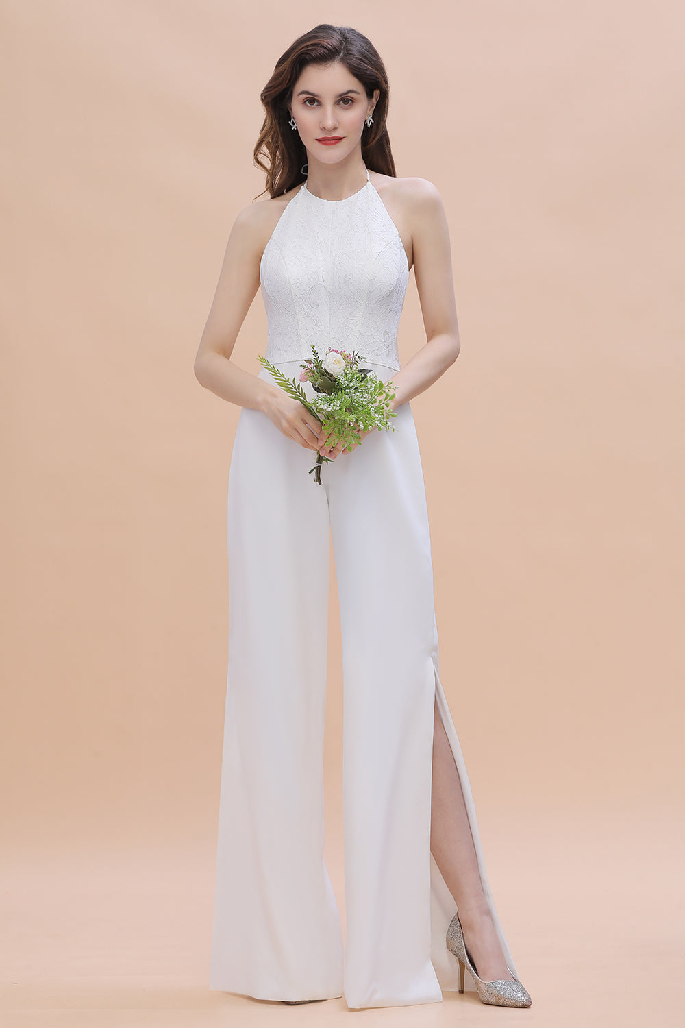 Sexy Halter Backless Lace Bridesmaid Jumpsuit with Slits On Sale