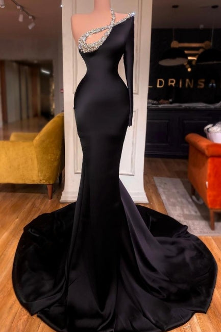 Sexy Long Black One Shoulder Long Sleeve Mermaid Prom Dress with Glitter Accents