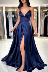 Sexy Long Simple Navy Blue Spaghetti Straps Prom Dress with Elegant Slit