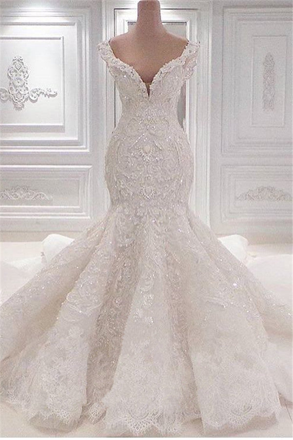 Sexy Off-the-shoulder White Lace Wedding Dresses With Appliques A-line Mermaid Bridal Gowns On Sale