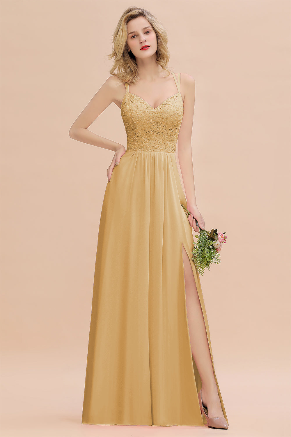 Sexy Spaghetti-Straps Coral Lace Bridesmaid Dresses with Slit