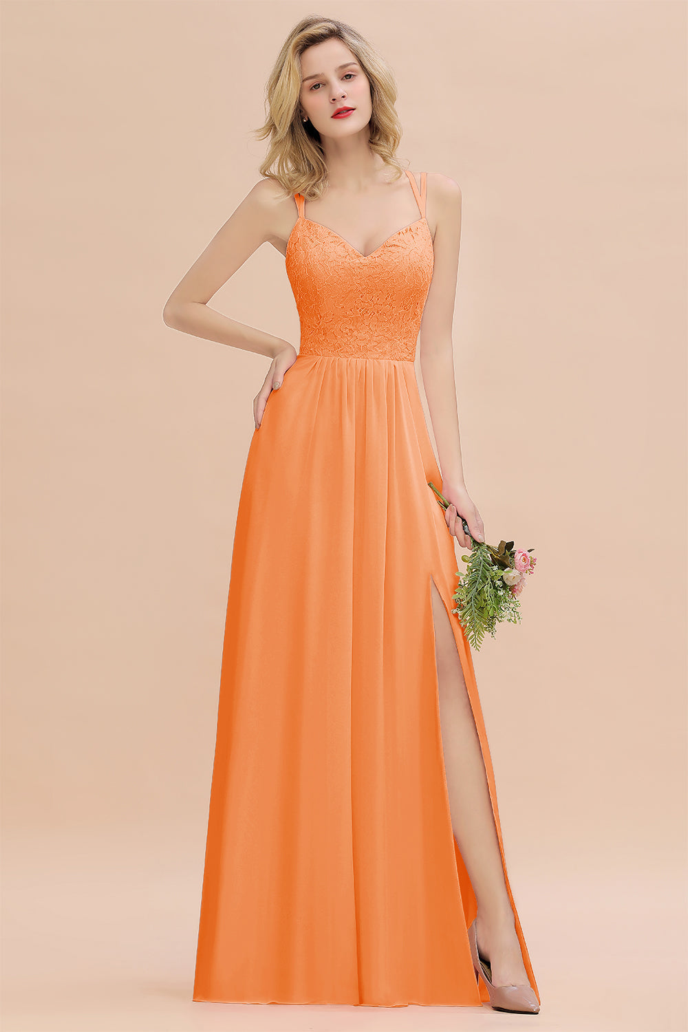 Sexy Spaghetti-Straps Coral Lace Bridesmaid Dresses with Slit