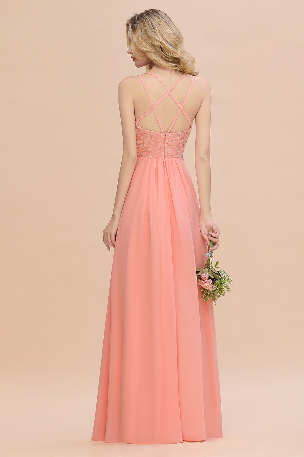 Sexy Spaghetti-Straps Coral Lace Bridesmaid Dresses with Slit