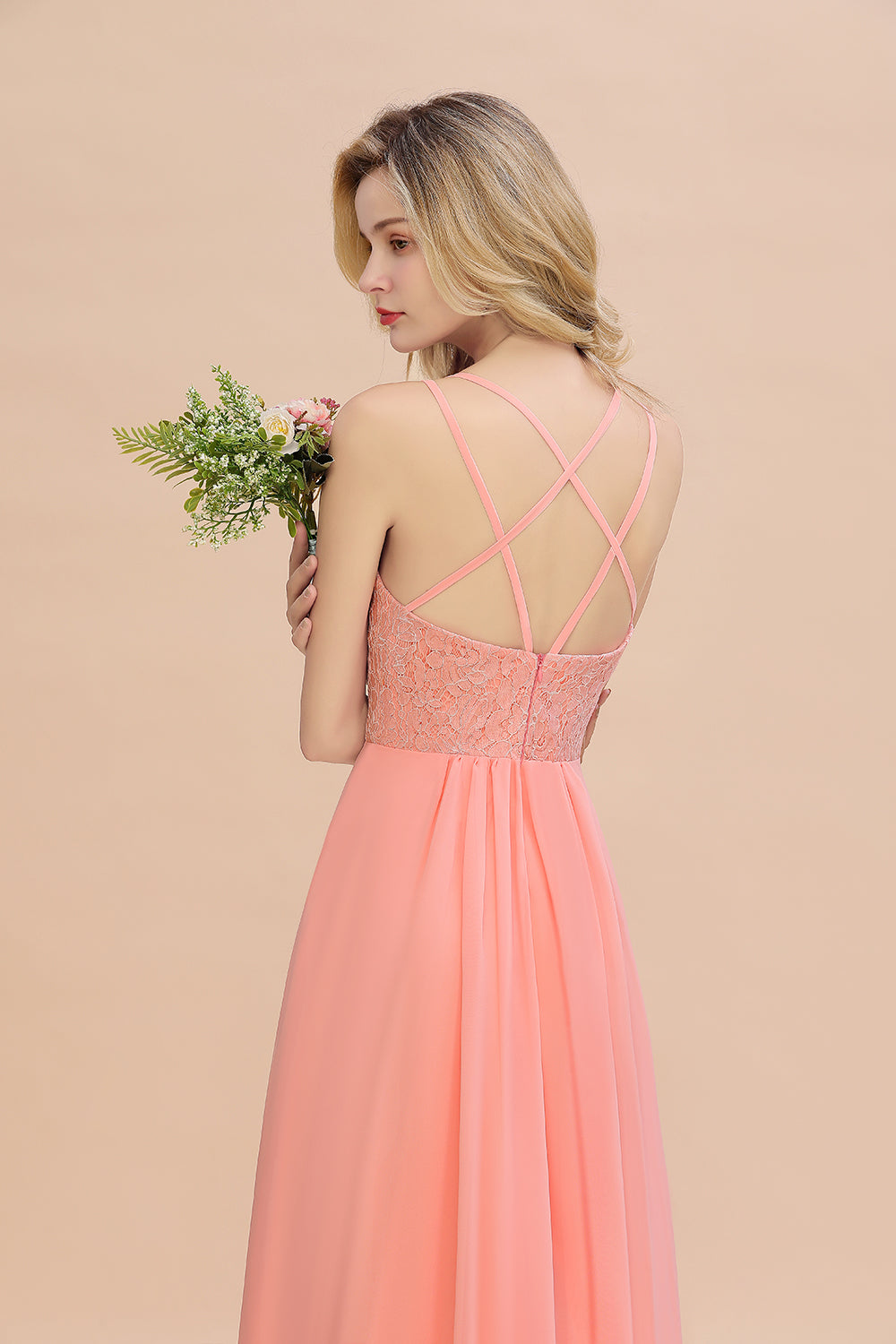 Sexy Spaghetti-Straps Coral Lace Bridesmaid Dresses with Slit