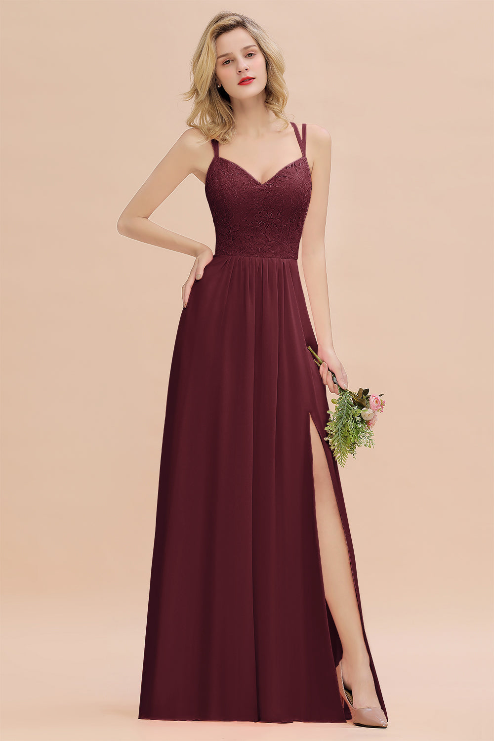 Sexy Spaghetti-Straps Coral Lace Bridesmaid Dresses with Slit