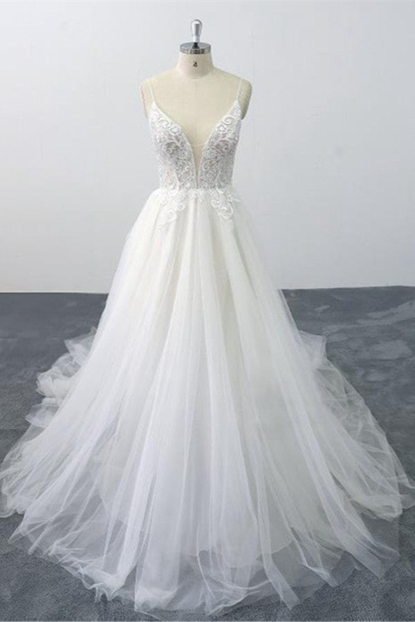 Sexy Spaghetti Straps Tulle Lace Wedding Dress V-Neck Ruffles Appliques Bridal Gowns Online