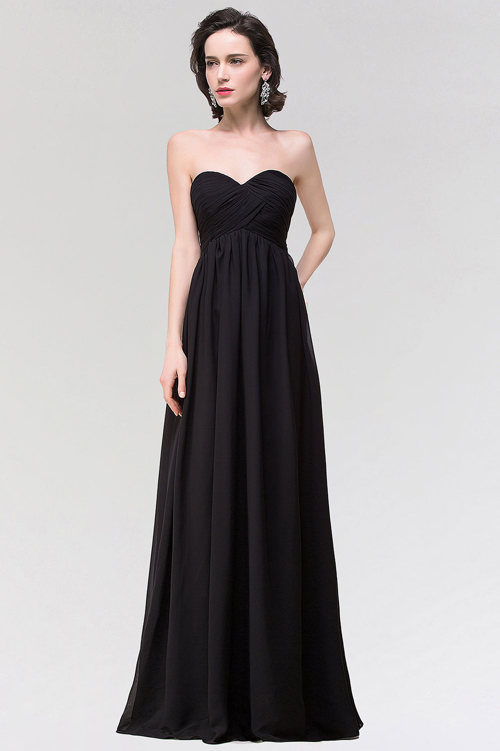 Sexy Strapless Sweetheart Long Black Chiffon Bridesmaid Dress with Ruffles