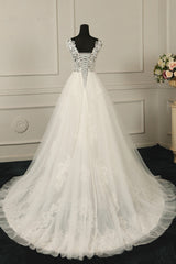 Sexy V-Neck Sleeveless Tulle Wedding Dress See Through Top Appliques Bridal Gowns On Sale