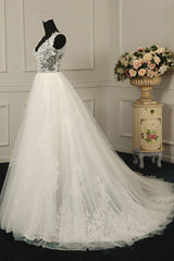 Sexy V-Neck Sleeveless Tulle Wedding Dress See Through Top Appliques Bridal Gowns On Sale