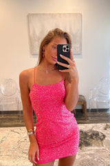 Sheath Scoop Neck Pink Sequin Tight Short Homecoming Dress